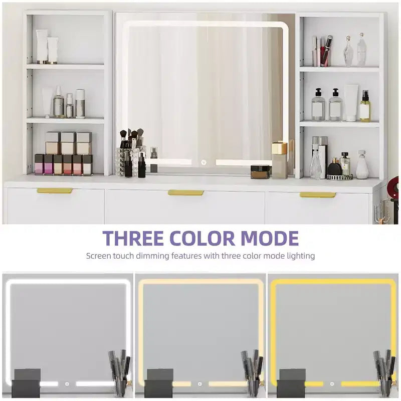 Modern Vanity Desk with Stool Makeup Table LED Lighted Mirror RGB Glass Cabinets 3 Drawers Shelves for Bedroom Dressing Room Dresser