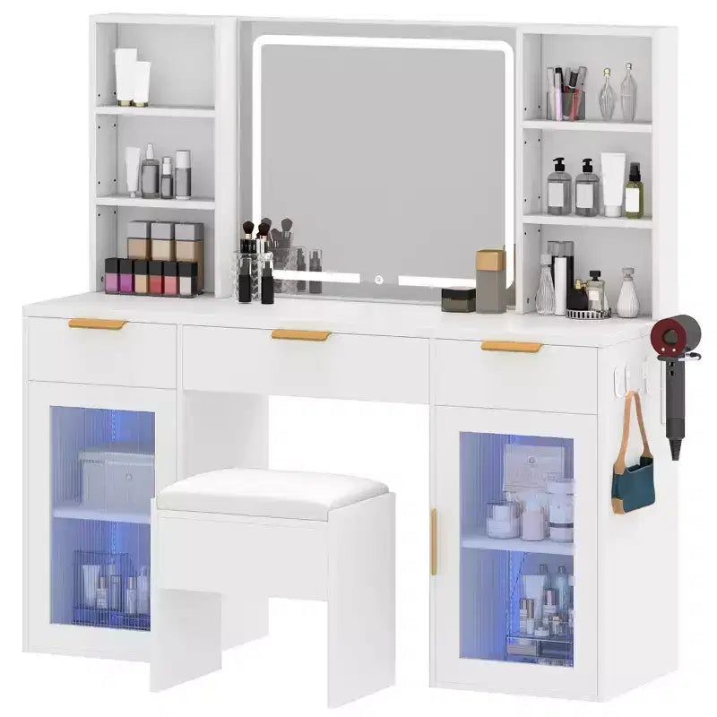 Modern Vanity Desk with Stool Makeup Table LED Lighted Mirror RGB Glass Cabinets 3 Drawers Shelves for Bedroom Dressing Room Dresser