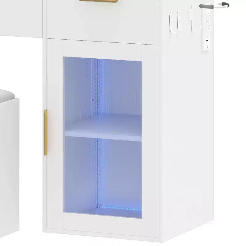 Modern Vanity Desk with Stool Makeup Table LED Lighted Mirror RGB Glass Cabinets 3 Drawers Shelves for Bedroom Dressing Room Dresser