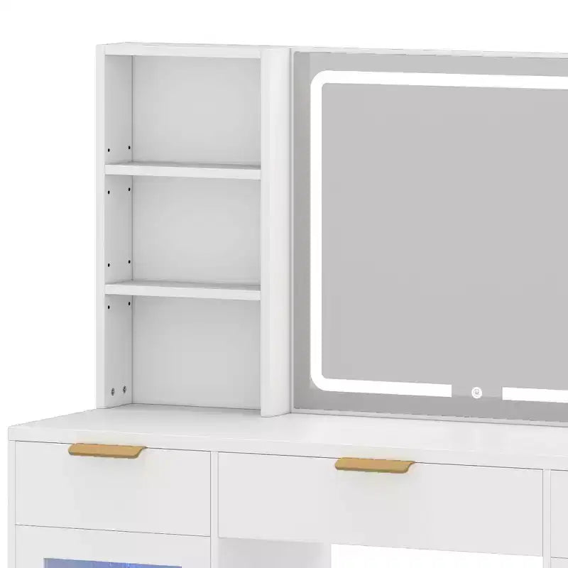 Modern Vanity Desk with Stool Makeup Table LED Lighted Mirror RGB Glass Cabinets 3 Drawers Shelves for Bedroom Dressing Room Dresser