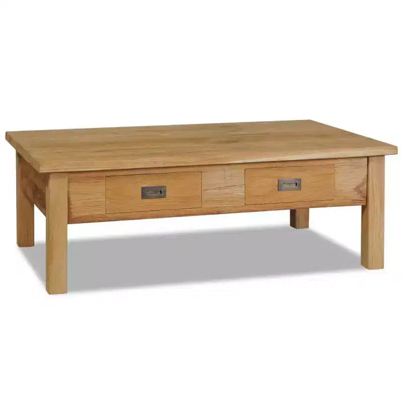 Solid Teak Coffee Table with Two Drawers - Rustic Brown Farmhouse Style Table for Living Room and Lounge , Easy Assembly