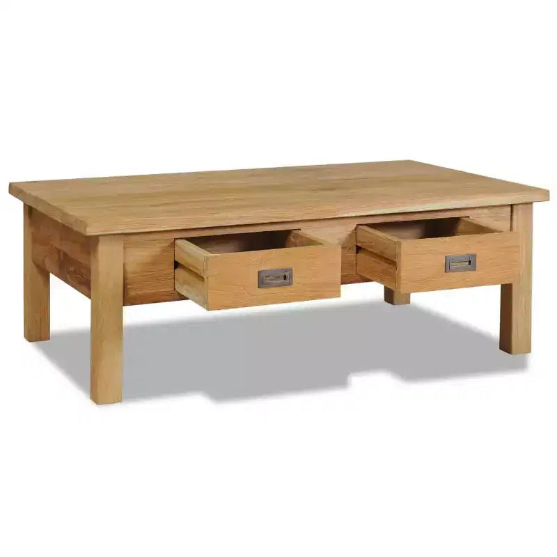 Solid Teak Coffee Table with Two Drawers - Rustic Brown Farmhouse Style Table for Living Room and Lounge , Easy Assembly