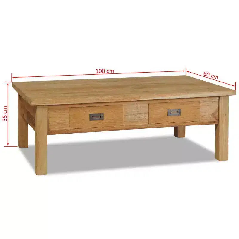 Solid Teak Coffee Table with Two Drawers - Rustic Brown Farmhouse Style Table for Living Room and Lounge , Easy Assembly
