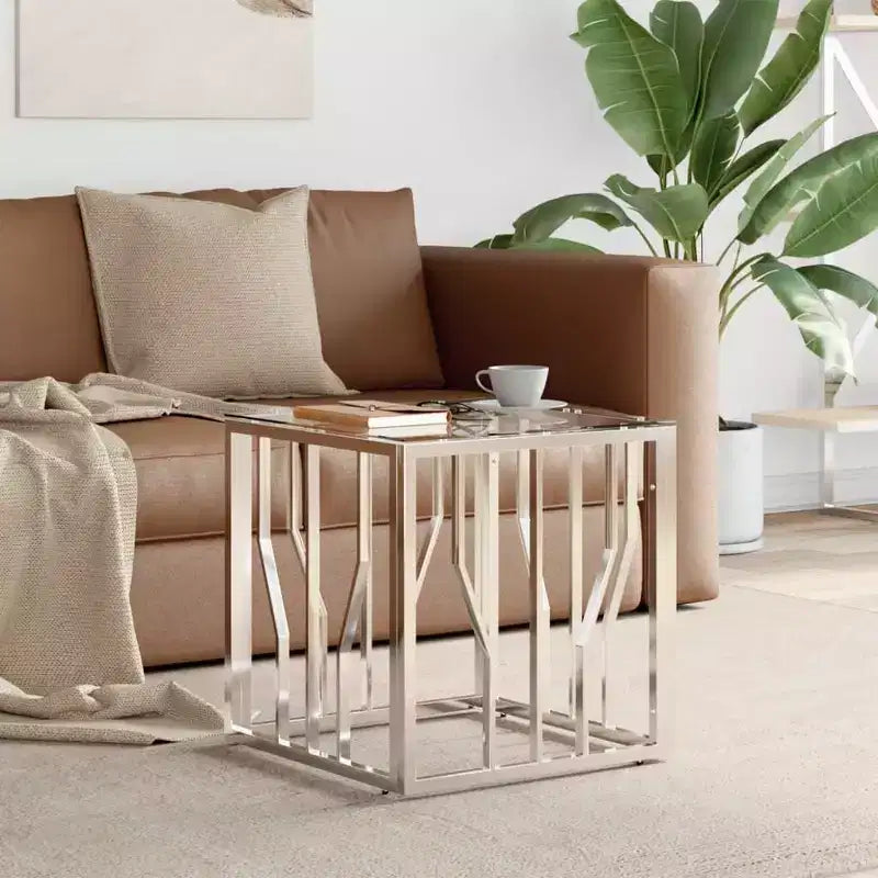Coffee Table Silver , Marble Stainless Steel , Tempered Glass Medium - Silver Glass