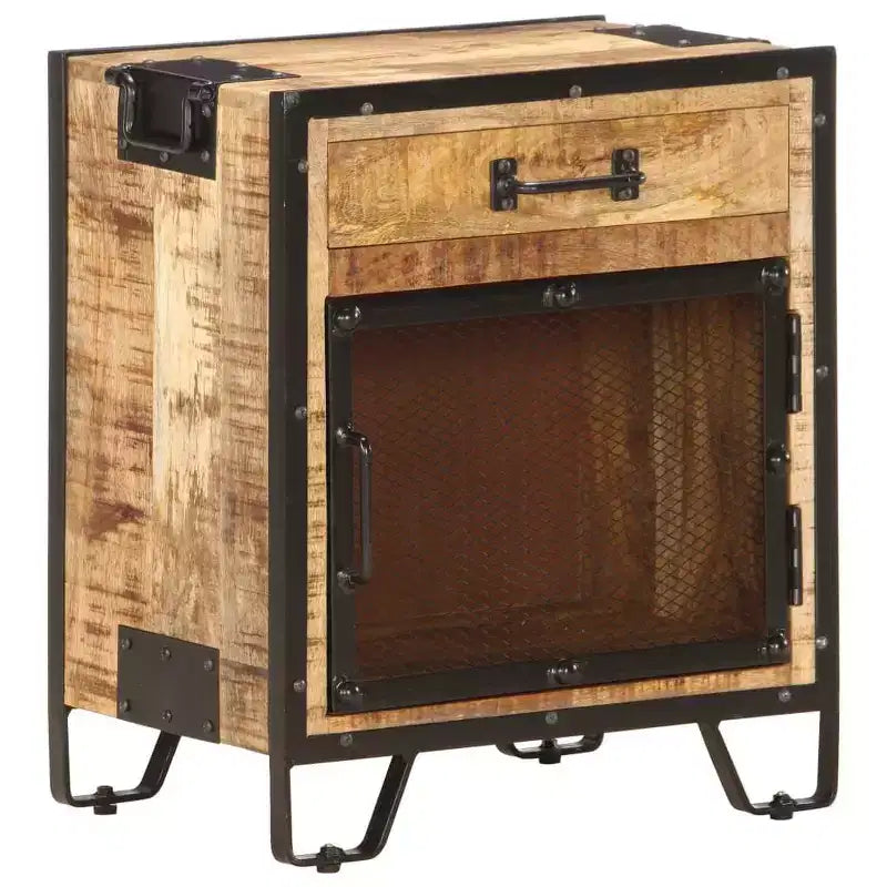 Bedside Cabinet 16.9x11.8x20.1 Solid Rough Mango Wood - Durable , Industrial Style , Bedroom Nightstand , Brown & Black , Ample Storage
