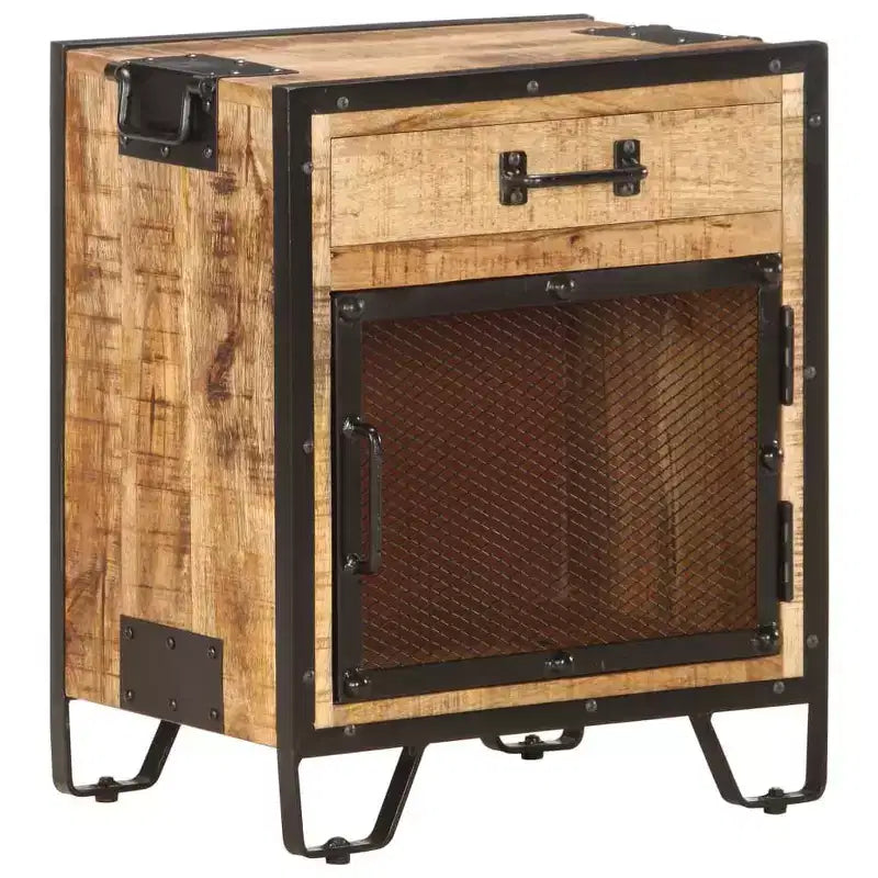 Bedside Cabinet 16.9x11.8x20.1 Solid Rough Mango Wood - Durable , Industrial Style , Bedroom Nightstand , Brown & Black , Ample Storage