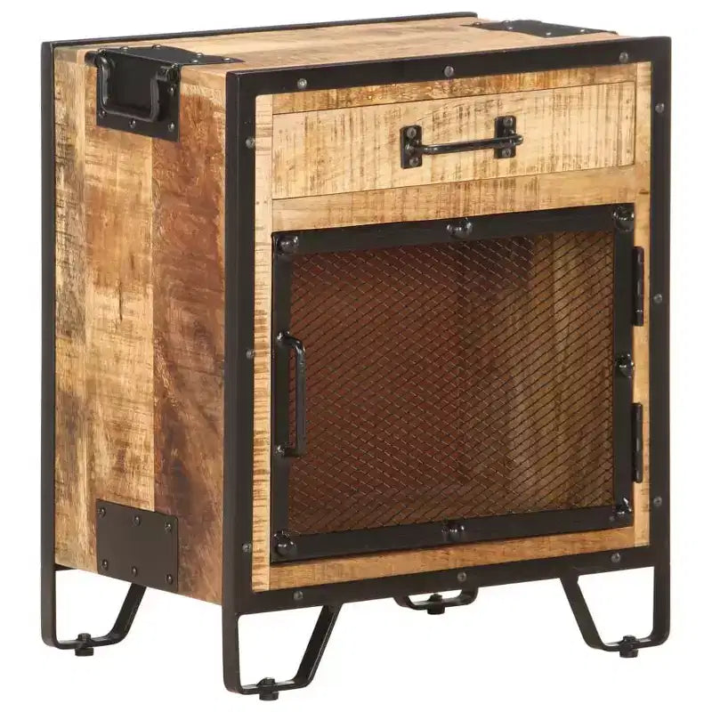 Bedside Cabinet 16.9x11.8x20.1 Solid Rough Mango Wood - Durable , Industrial Style , Bedroom Nightstand , Brown & Black , Ample Storage