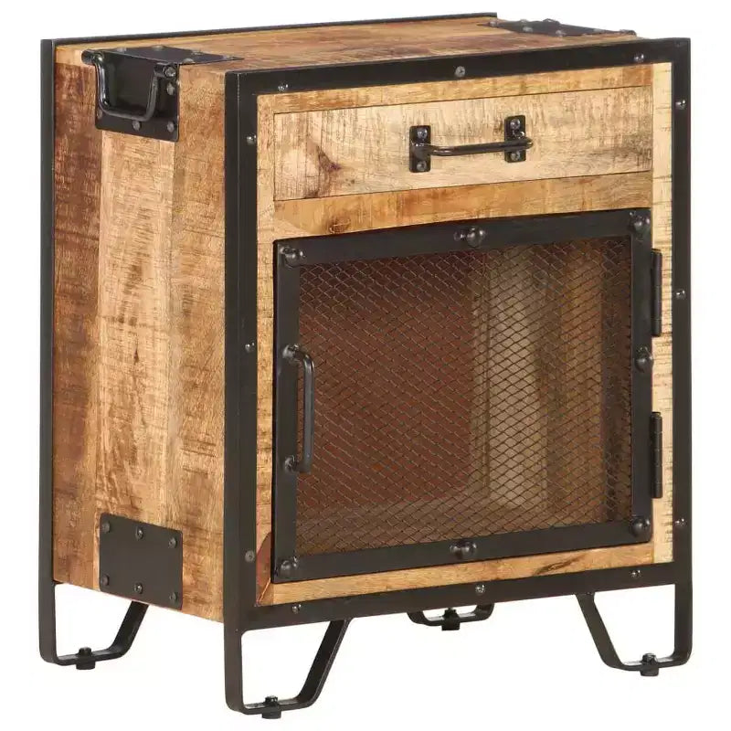 Bedside Cabinet 16.9x11.8x20.1 Solid Rough Mango Wood - Durable , Industrial Style , Bedroom Nightstand , Brown & Black , Ample Storage