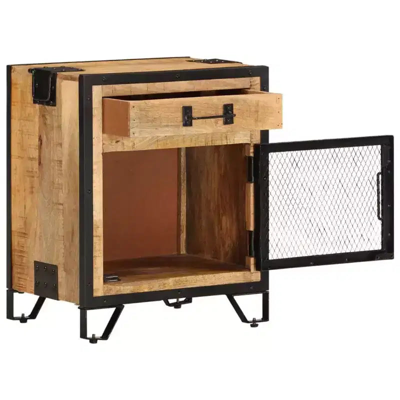 Bedside Cabinet 16.9x11.8x20.1 Solid Rough Mango Wood - Durable , Industrial Style , Bedroom Nightstand , Brown & Black , Ample Storage