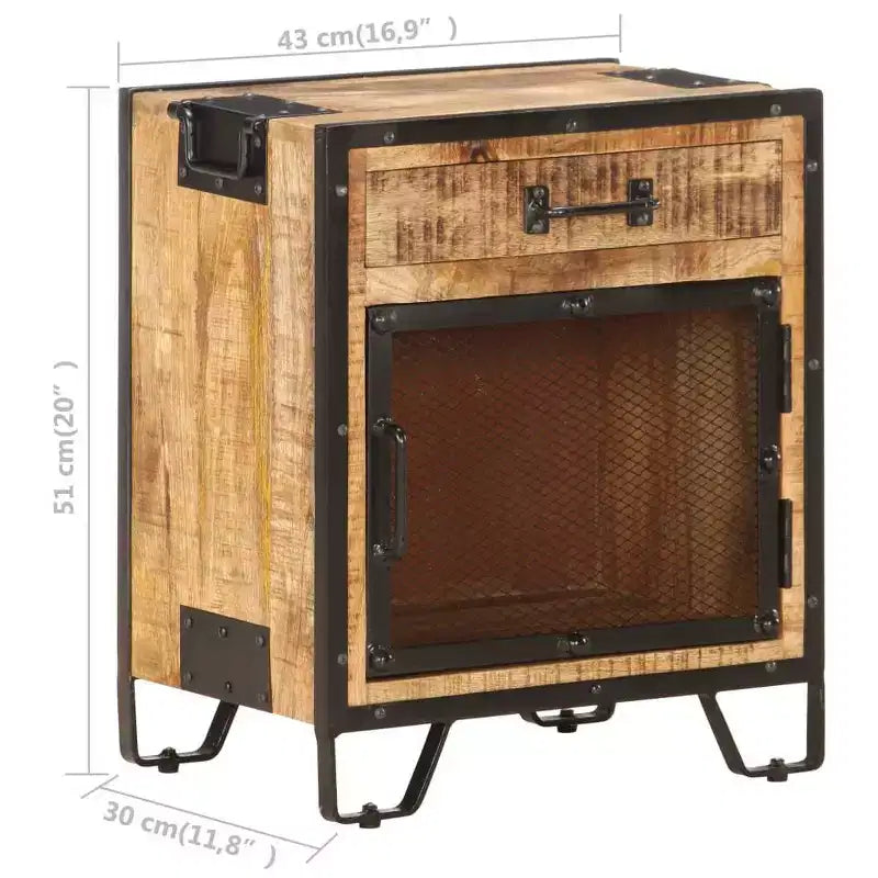Bedside Cabinet 16.9x11.8x20.1 Solid Rough Mango Wood - Durable , Industrial Style , Bedroom Nightstand , Brown & Black , Ample Storage