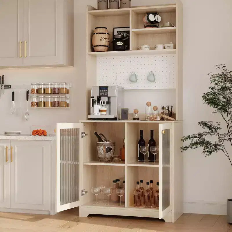 71 Tall Pantry Cabinet with 2 Glass Doors , Freestanding Kitchen Storage Cabinet with Adjustable Shelves , Farmhouse Cupboard for Dining Room