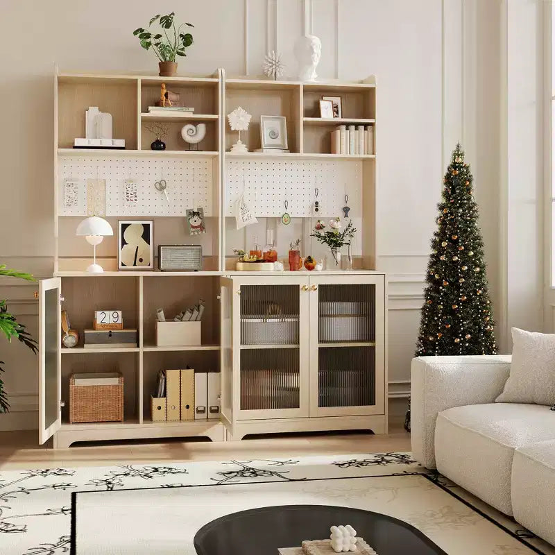 71 Tall Pantry Cabinet with 2 Glass Doors , Freestanding Kitchen Storage Cabinet with Adjustable Shelves , Farmhouse Cupboard for Dining Room