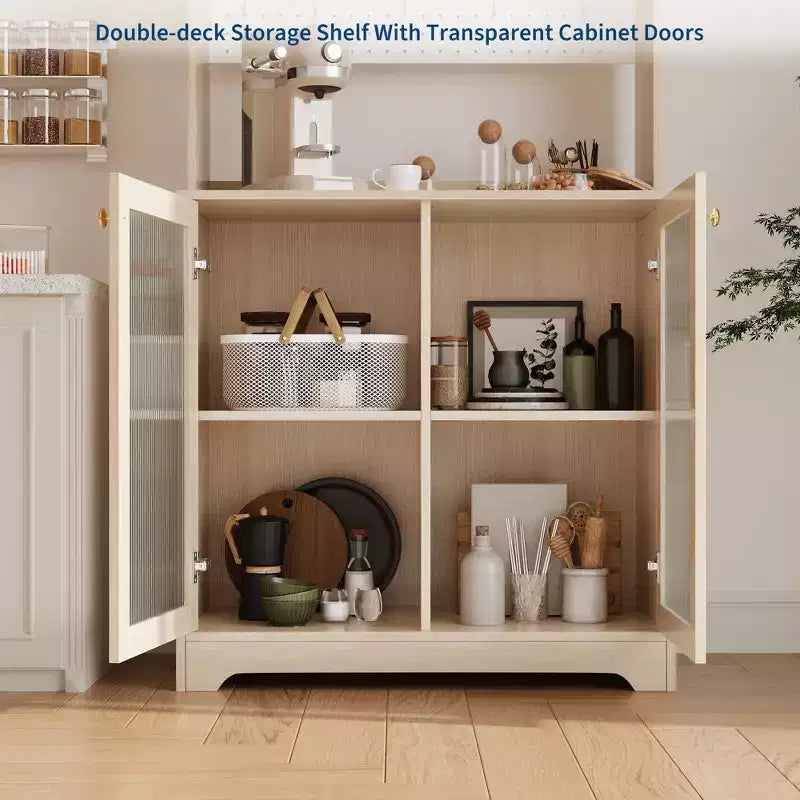 71 Tall Pantry Cabinet with 2 Glass Doors , Freestanding Kitchen Storage Cabinet with Adjustable Shelves , Farmhouse Cupboard for Dining Room