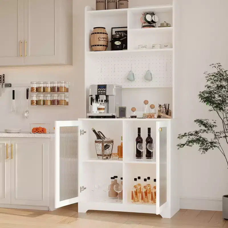 71 Tall Pantry Cabinet with 2 Glass Doors , Freestanding Kitchen Storage Cabinet with Adjustable Shelves , Farmhouse Cupboard for Dining Room