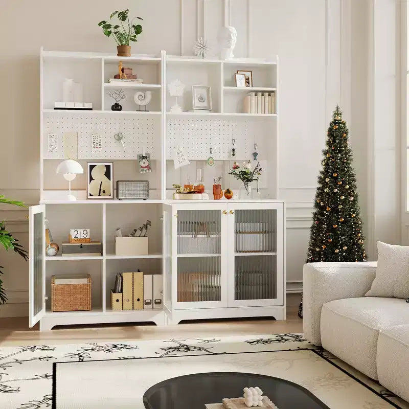 71 Tall Pantry Cabinet with 2 Glass Doors , Freestanding Kitchen Storage Cabinet with Adjustable Shelves , Farmhouse Cupboard for Dining Room