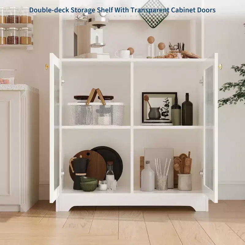 71 Tall Pantry Cabinet with 2 Glass Doors , Freestanding Kitchen Storage Cabinet with Adjustable Shelves , Farmhouse Cupboard for Dining Room