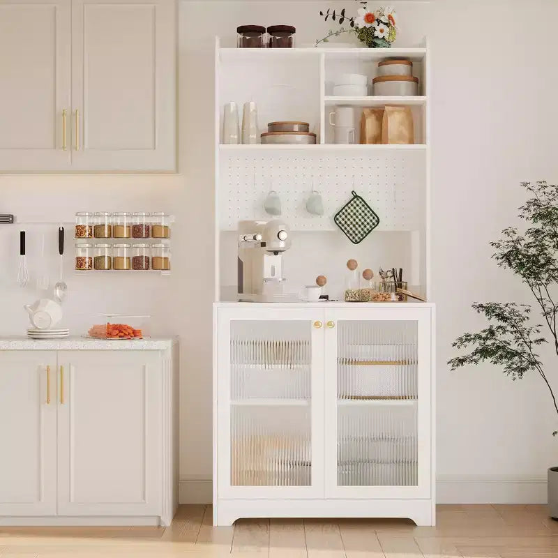 71 Tall Pantry Cabinet with 2 Glass Doors, Freestanding Kitchen Storage Cabinet with Adjustable Shelves, Farmhouse Cupboard for Dining Room