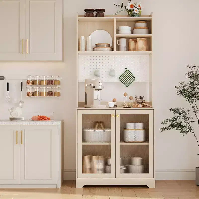 71 Tall Pantry Cabinet with 2 Glass Doors , Freestanding Kitchen Storage Cabinet with Adjustable Shelves , Farmhouse Cupboard for Dining Room