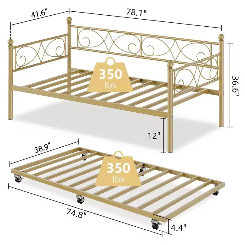 Daybed with Trundle Sofa Bed , Twin Size Metal Day Bed with Floral Headboard , Modern Metal Sofa Bed Frame with Pull - Out Trundle , Heavy Duty Steel Slats