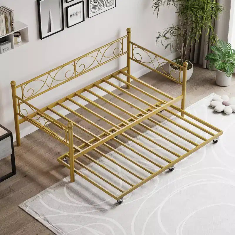 Daybed with Trundle Sofa Bed , Twin Size Metal Day Bed with Floral Headboard , Modern Metal Sofa Bed Frame with Pull - Out Trundle , Heavy Duty Steel Slats