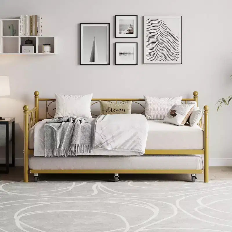 Daybed with Trundle Sofa Bed , Twin Size Metal Day Bed with Floral Headboard , Modern Metal Sofa Bed Frame with Pull - Out Trundle , Heavy Duty Steel Slats
