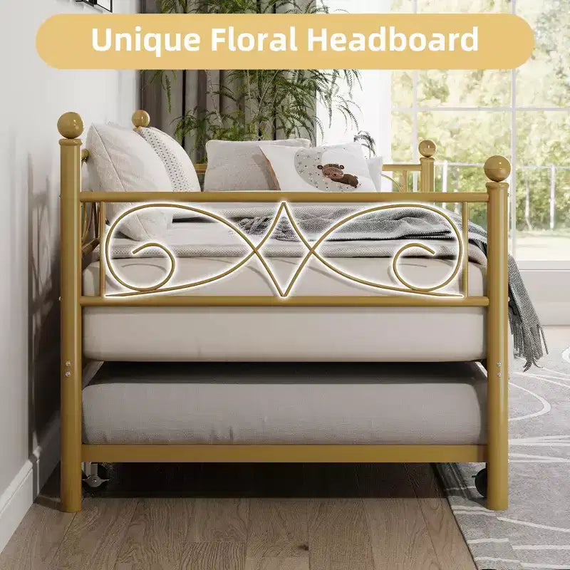 Daybed with Trundle Sofa Bed , Twin Size Metal Day Bed with Floral Headboard , Modern Metal Sofa Bed Frame with Pull - Out Trundle , Heavy Duty Steel Slats