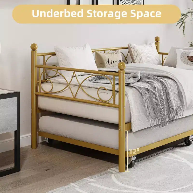 Daybed with Trundle Sofa Bed , Twin Size Metal Day Bed with Floral Headboard , Modern Metal Sofa Bed Frame with Pull - Out Trundle , Heavy Duty Steel Slats