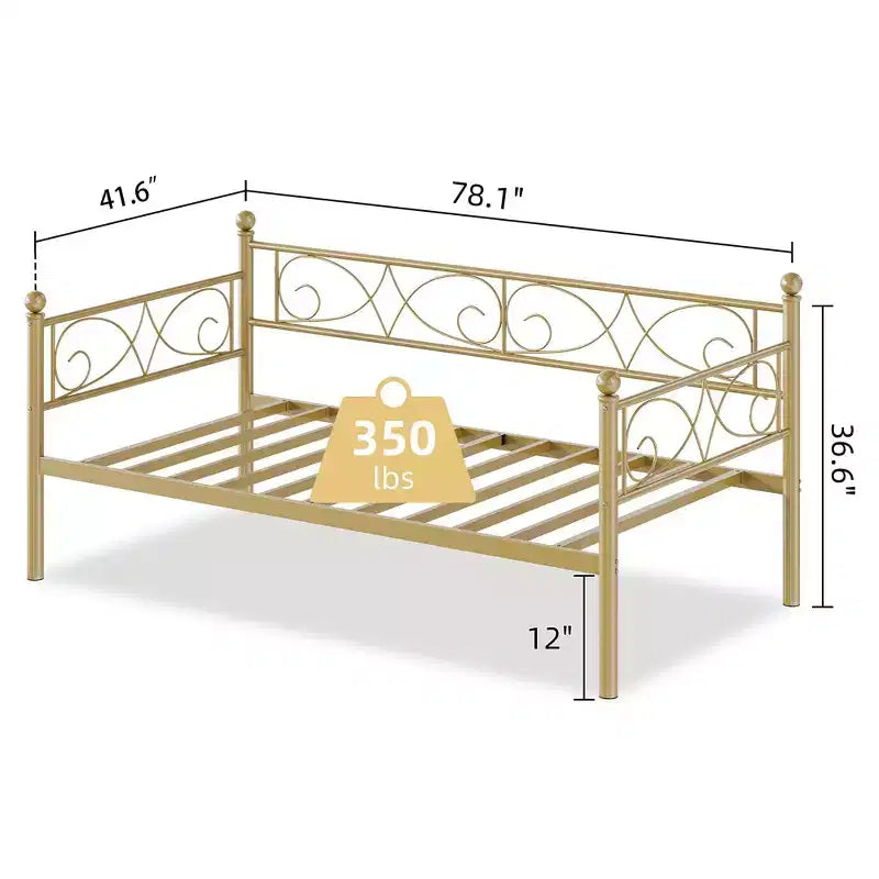Daybed with Trundle Sofa Bed , Twin Size Metal Day Bed with Floral Headboard , Modern Metal Sofa Bed Frame with Pull - Out Trundle , Heavy Duty Steel Slats