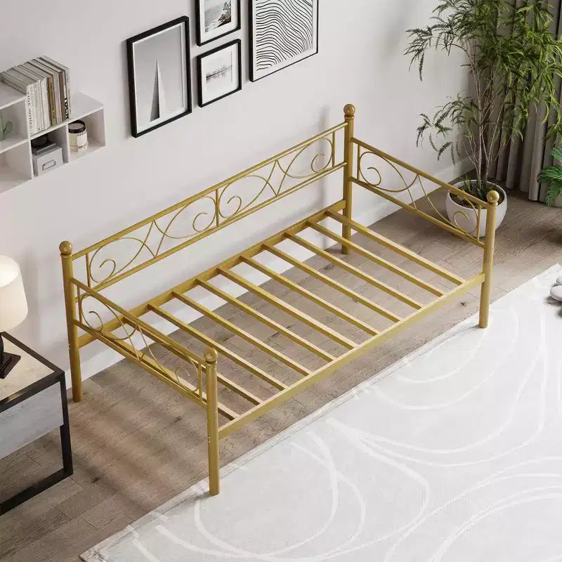 Daybed with Trundle Sofa Bed , Twin Size Metal Day Bed with Floral Headboard , Modern Metal Sofa Bed Frame with Pull - Out Trundle , Heavy Duty Steel Slats