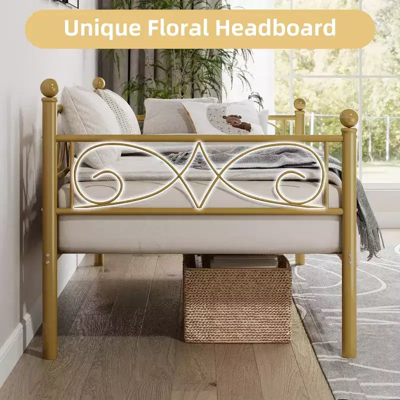 Daybed with Trundle Sofa Bed , Twin Size Metal Day Bed with Floral Headboard , Modern Metal Sofa Bed Frame with Pull - Out Trundle , Heavy Duty Steel Slats