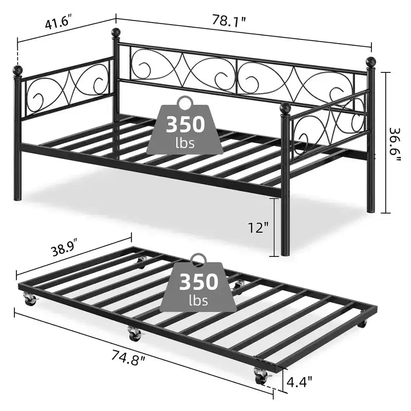 Daybed with Trundle Sofa Bed , Twin Size Metal Day Bed with Floral Headboard , Modern Metal Sofa Bed Frame with Pull - Out Trundle , Heavy Duty Steel Slats