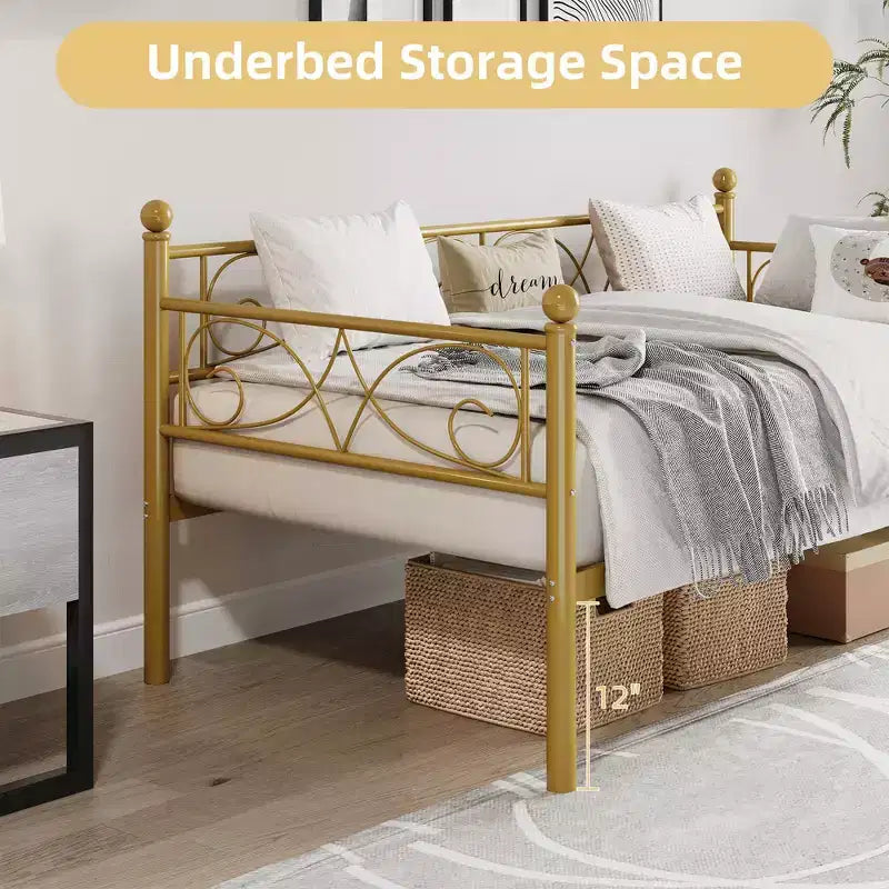 Daybed with Trundle Sofa Bed , Twin Size Metal Day Bed with Floral Headboard , Modern Metal Sofa Bed Frame with Pull - Out Trundle , Heavy Duty Steel Slats