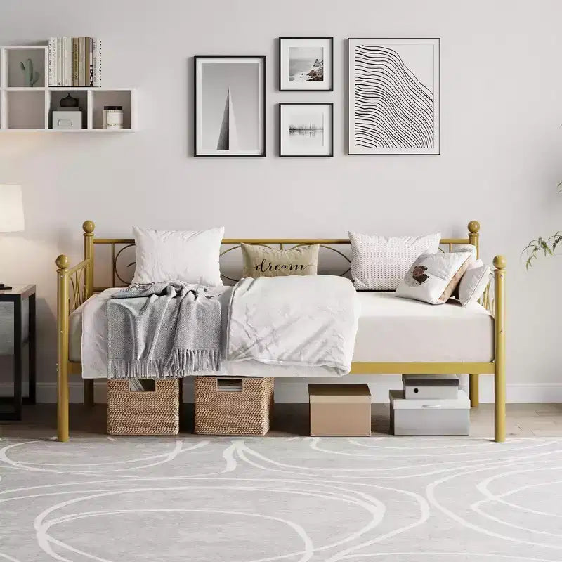 Daybed with Trundle Sofa Bed , Twin Size Metal Day Bed with Floral Headboard , Modern Metal Sofa Bed Frame with Pull - Out Trundle , Heavy Duty Steel Slats
