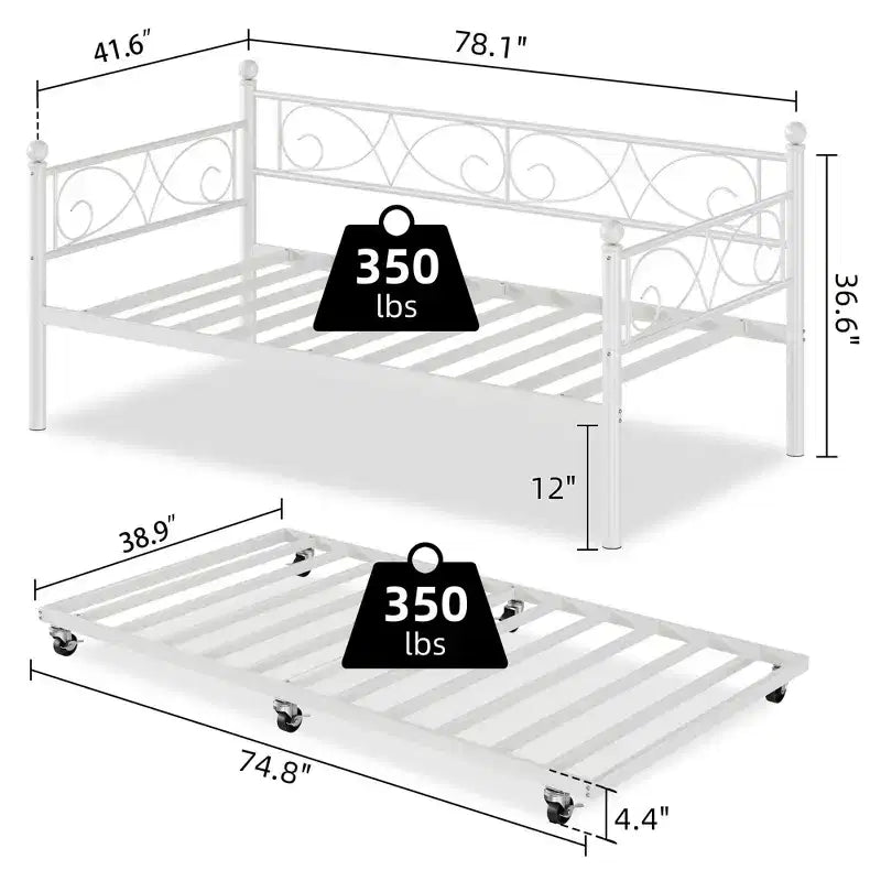 Daybed with Trundle Sofa Bed , Twin Size Metal Day Bed with Floral Headboard , Modern Metal Sofa Bed Frame with Pull - Out Trundle , Heavy Duty Steel Slats