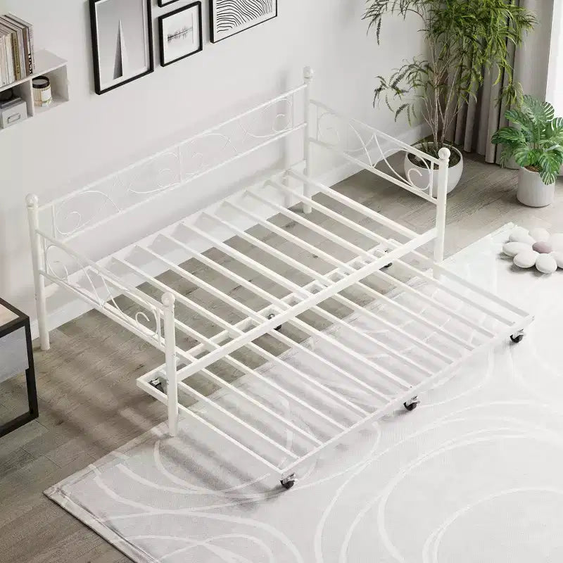 Daybed with Trundle Sofa Bed , Twin Size Metal Day Bed with Floral Headboard , Modern Metal Sofa Bed Frame with Pull - Out Trundle , Heavy Duty Steel Slats