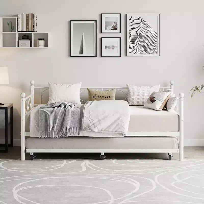 Daybed with Trundle Sofa Bed , Twin Size Metal Day Bed with Floral Headboard , Modern Metal Sofa Bed Frame with Pull - Out Trundle , Heavy Duty Steel Slats