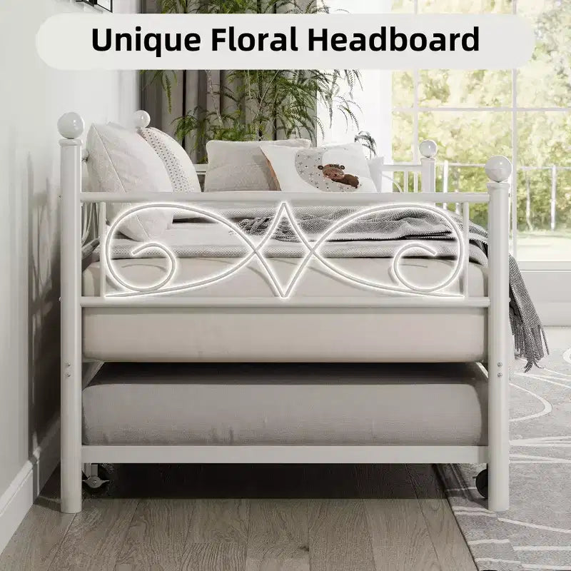 Daybed with Trundle Sofa Bed , Twin Size Metal Day Bed with Floral Headboard , Modern Metal Sofa Bed Frame with Pull - Out Trundle , Heavy Duty Steel Slats