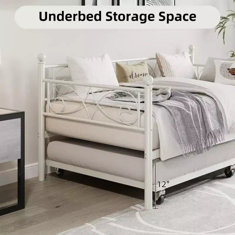 Daybed with Trundle Sofa Bed , Twin Size Metal Day Bed with Floral Headboard , Modern Metal Sofa Bed Frame with Pull - Out Trundle , Heavy Duty Steel Slats