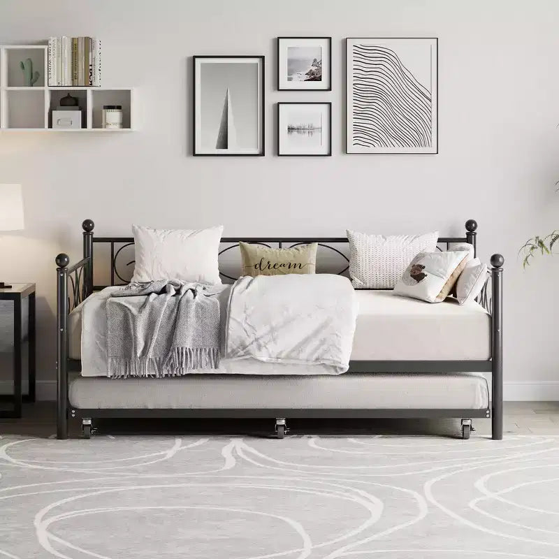 Daybed with Trundle Sofa Bed , Twin Size Metal Day Bed with Floral Headboard , Modern Metal Sofa Bed Frame with Pull - Out Trundle , Heavy Duty Steel Slats