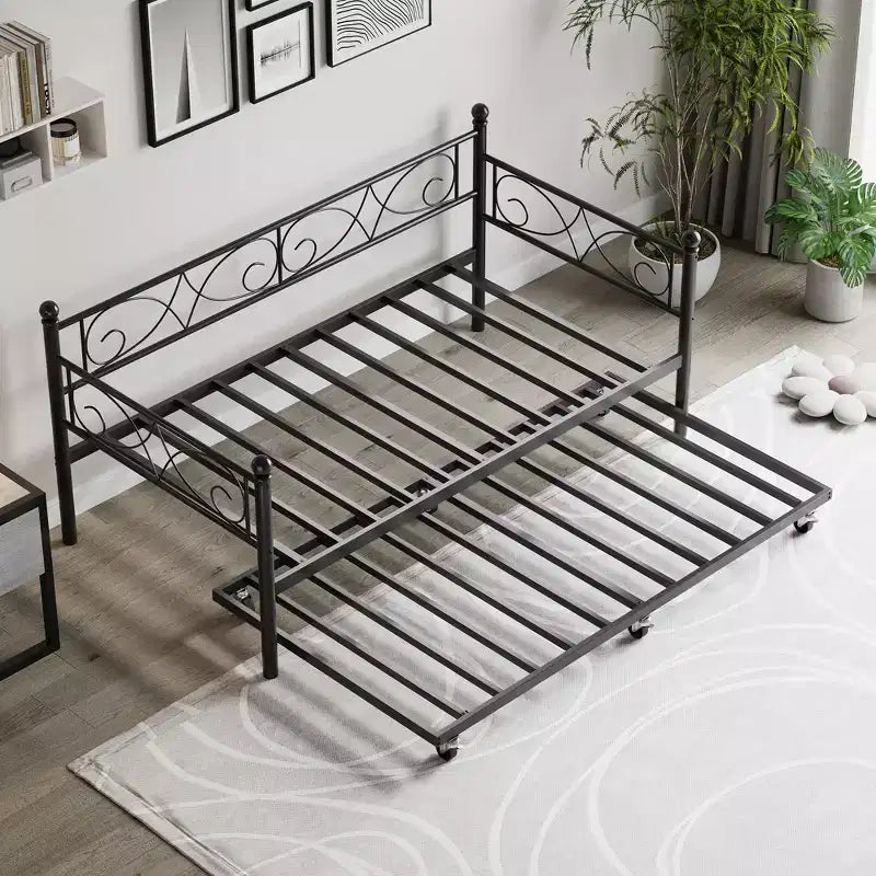 Daybed with Trundle Sofa Bed , Twin Size Metal Day Bed with Floral Headboard , Modern Metal Sofa Bed Frame with Pull - Out Trundle , Heavy Duty Steel Slats