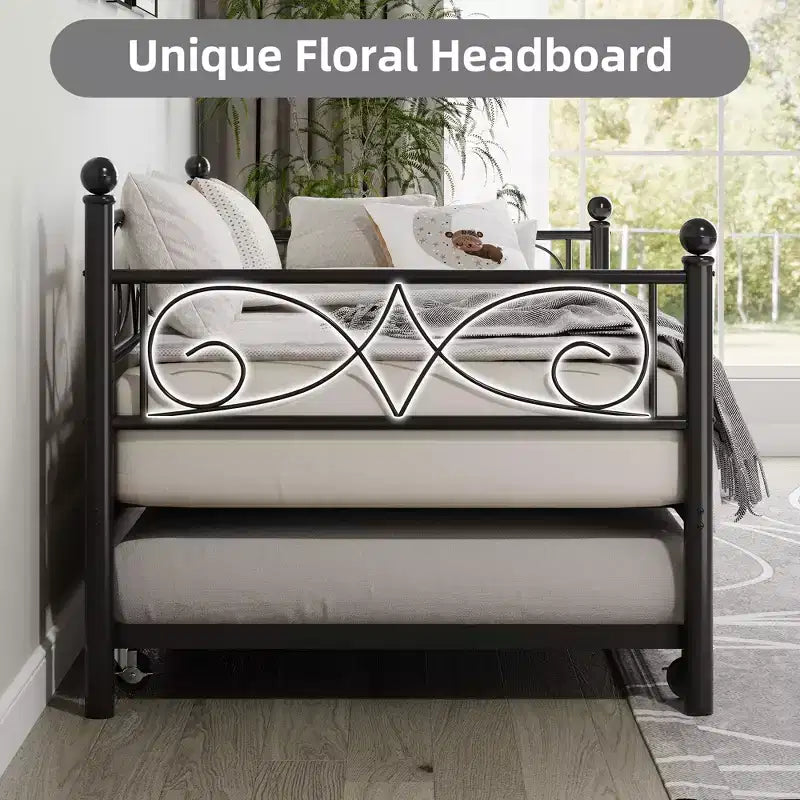 Daybed with Trundle Sofa Bed , Twin Size Metal Day Bed with Floral Headboard , Modern Metal Sofa Bed Frame with Pull - Out Trundle , Heavy Duty Steel Slats