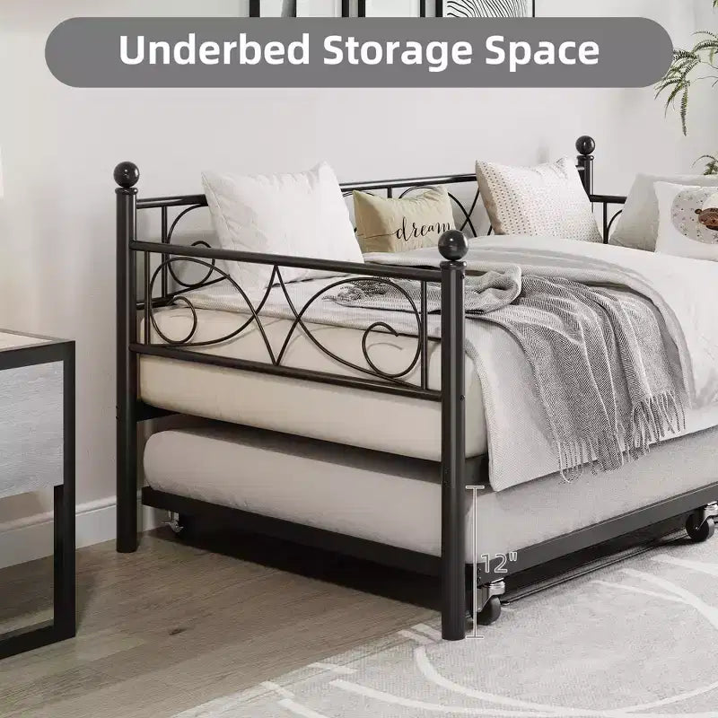 Daybed with Trundle Sofa Bed , Twin Size Metal Day Bed with Floral Headboard , Modern Metal Sofa Bed Frame with Pull - Out Trundle , Heavy Duty Steel Slats