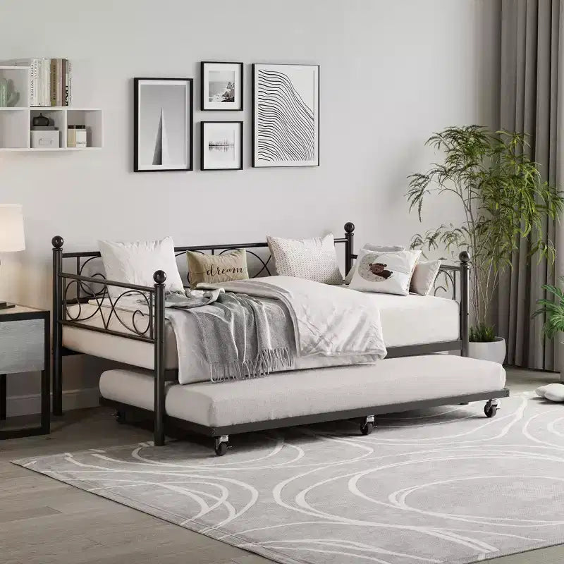 Daybed with Trundle Sofa Bed, Twin Size Metal Day Bed with Floral Headboard, Modern Metal Sofa Bed Frame with Pull-Out Trundle, Heavy Duty Steel Slats