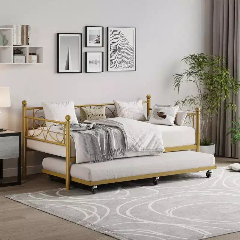 Daybed with Trundle Sofa Bed , Twin Size Metal Day Bed with Floral Headboard , Modern Metal Sofa Bed Frame with Pull - Out Trundle , Heavy Duty Steel Slats