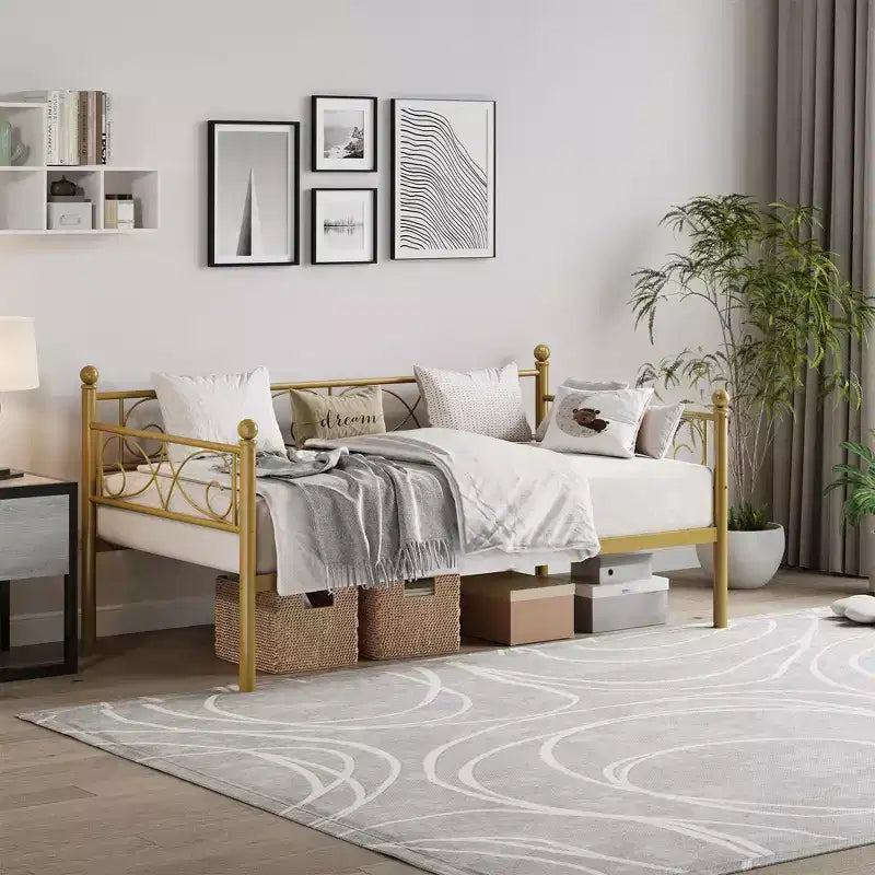 Daybed with Trundle Sofa Bed , Twin Size Metal Day Bed with Floral Headboard , Modern Metal Sofa Bed Frame with Pull - Out Trundle , Heavy Duty Steel Slats
