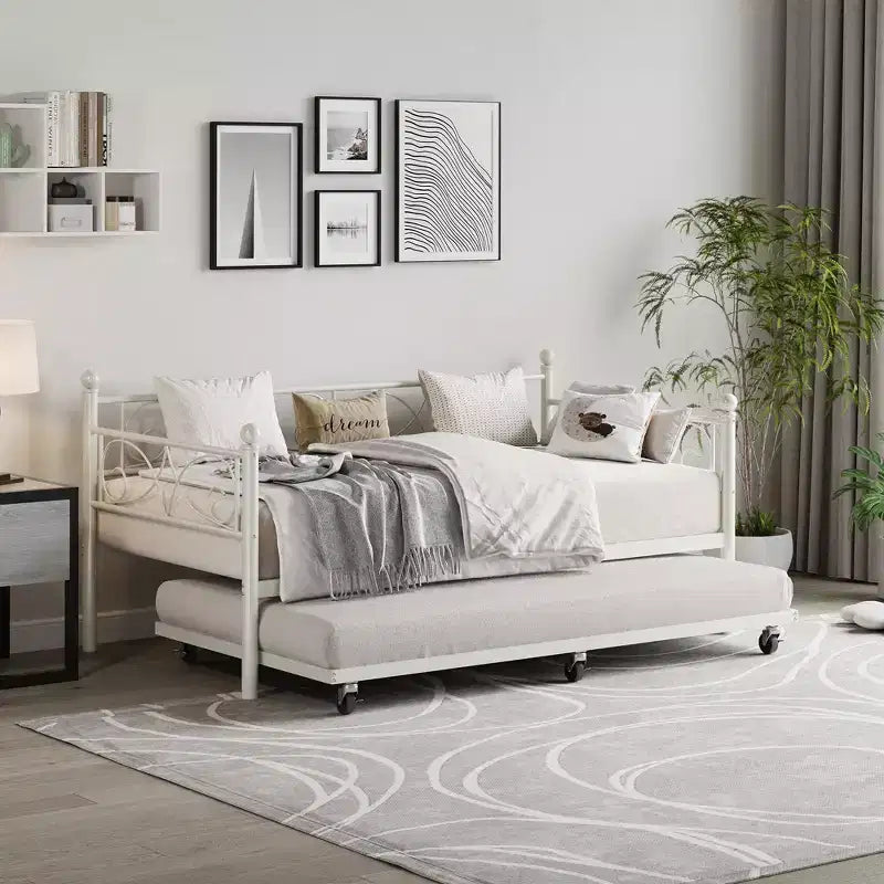 Daybed with Trundle Sofa Bed , Twin Size Metal Day Bed with Floral Headboard , Modern Metal Sofa Bed Frame with Pull - Out Trundle , Heavy Duty Steel Slats