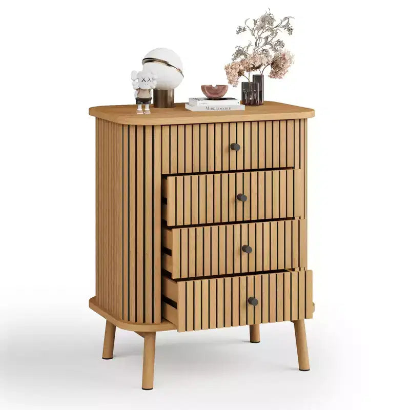 4 drawer dresser, bedroom chest of drawers, storage cabinet, ample space, modern wicker dresser with matte black handles and wooden legs