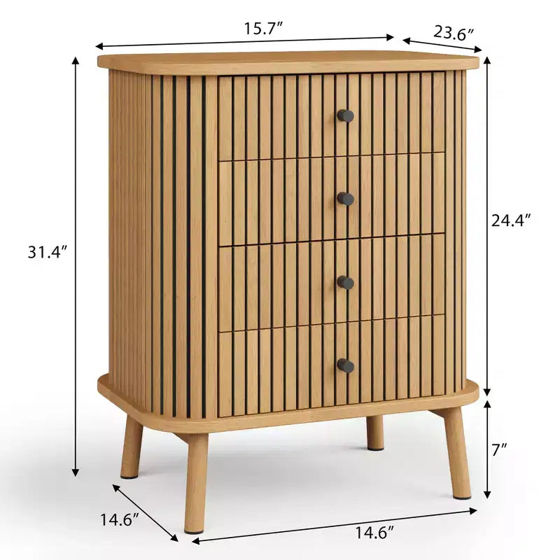 4 drawer dresser , bedroom chest of drawers , storage cabinet , ample space , modern wicker dresser with matte black handles and wooden legs