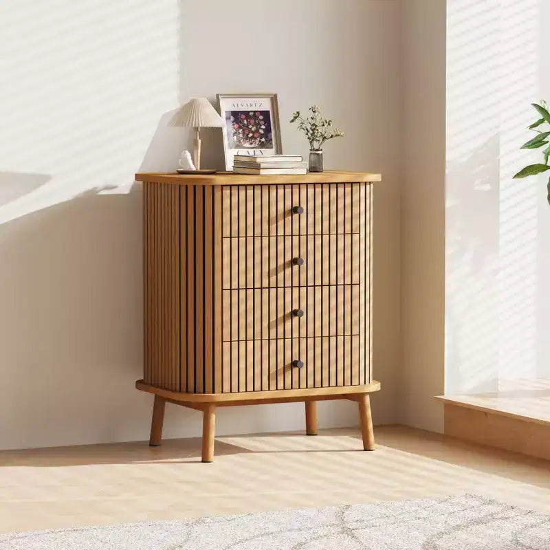 4 drawer dresser , bedroom chest of drawers , storage cabinet , ample space , modern wicker dresser with matte black handles and wooden legs