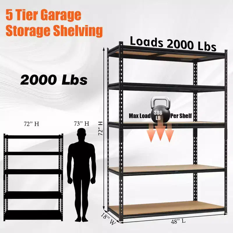 Heavy Duty Garage Shelving Units , 5 - Tier Adjustable Storage Shelves , 60x24x72in , Loads 3000 LBSS , Adjustable Garage Storage Shelving